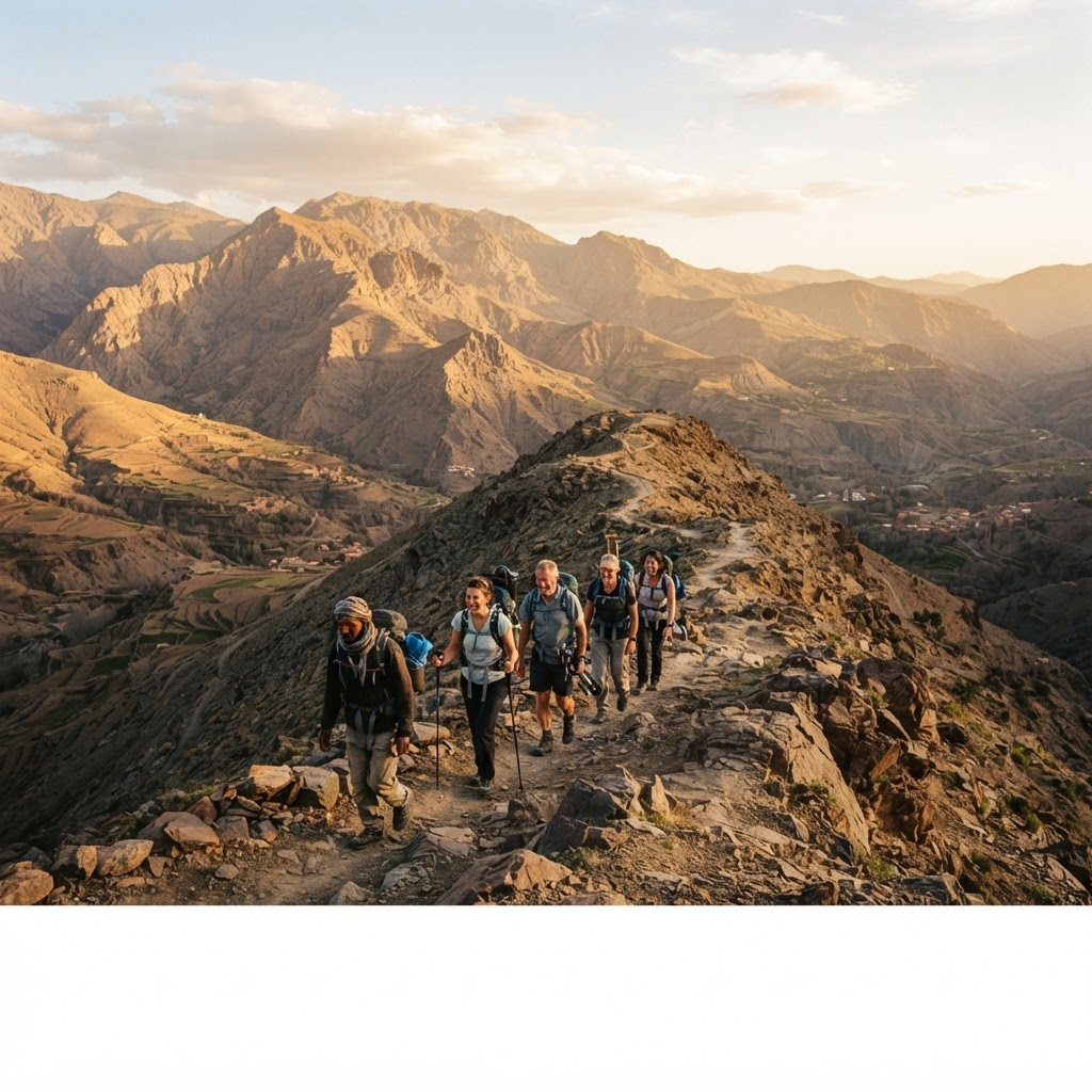 Trekkers walking along a ridge trail in the High Atlas Mountains