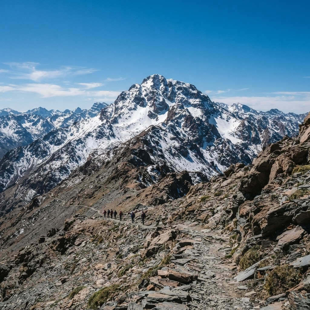 The snow-capped summit of Mount Toubkal against a clear sky